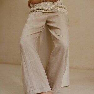 NEW! $114 A REN 100% LINEN Wide Leg Tan PANTS Pleated Cuffed S 4 6 Madewell Styl